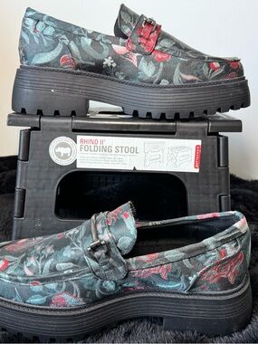 ASOS Black Floral Platform Loafers with Red and Teal Accents